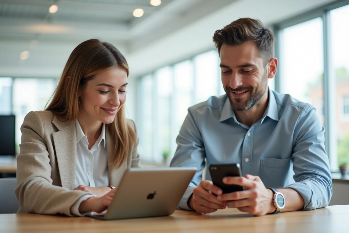 Deux collègues réalisant un échange d'argent via PayPal sur tablette et smartphone dans un espace de travail moderne