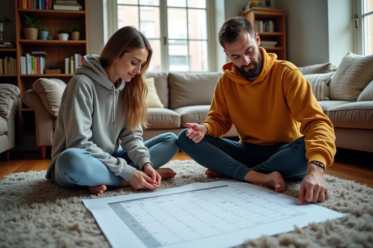 Deux colocataires analysent un graphique de budget dans le salon