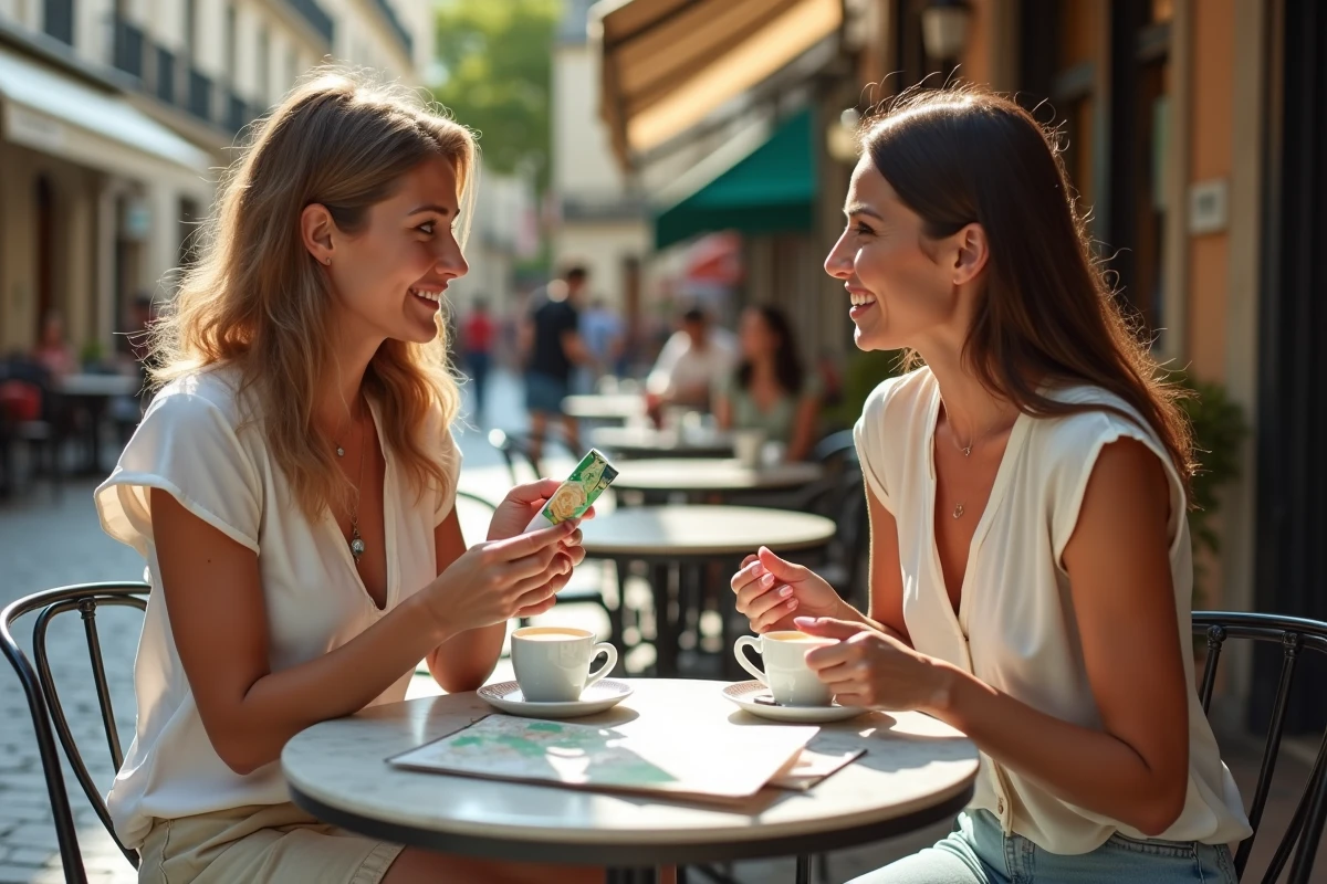 Deux femmes comparant les prix des cigarettes françaises et italiennes à une terrasse de café près de la frontière