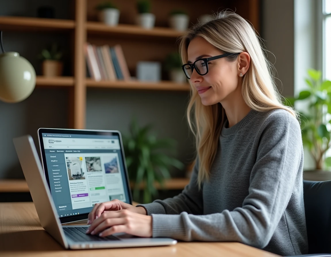 Femme comparant les prix du cuivre au kilo sur des sites d'achat en ligne depuis son bureau à domicile