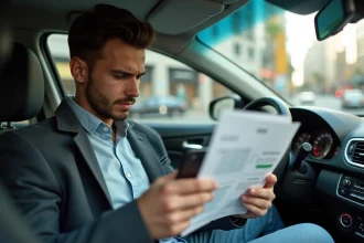 Jeune conducteur VTC vérifiant ses revenus dans sa voiture