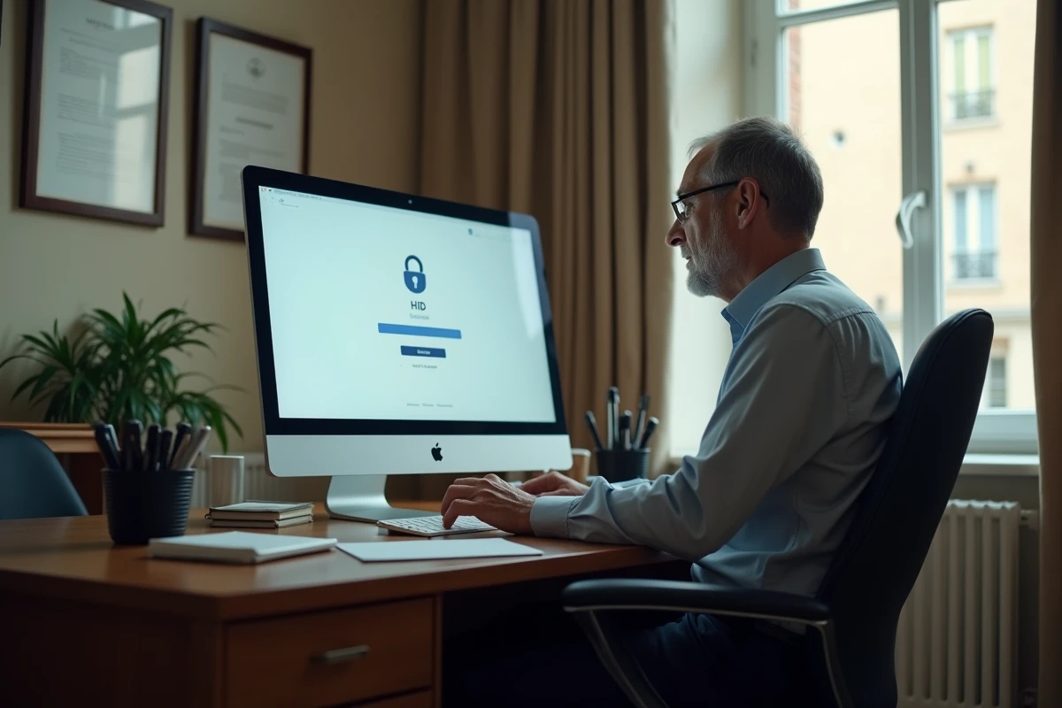 Fonctionnaire masculin accédant à un portail sécurisé HID sur ordinateur de bureau dans un bureau administratif territorial