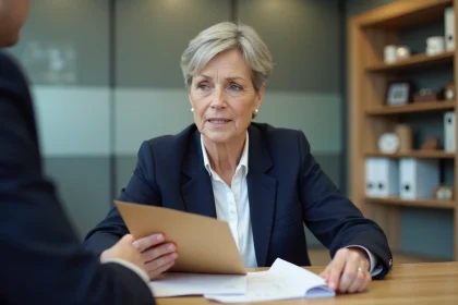 Femme consultant un conseiller bancaire de La Banque Postale pour une démarche de succession après un décès