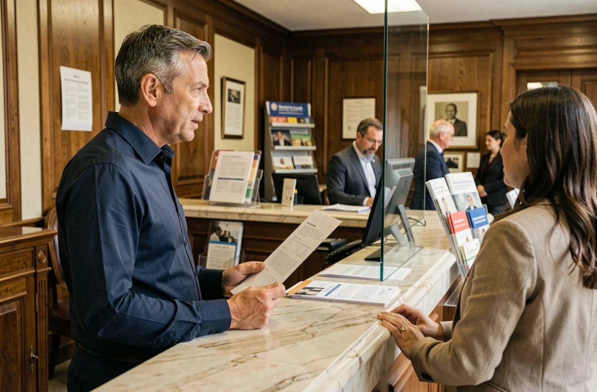 Client s'adressant à un conseiller bancaire en agence traditionnelle pour résoudre un litige ou un problème de compte