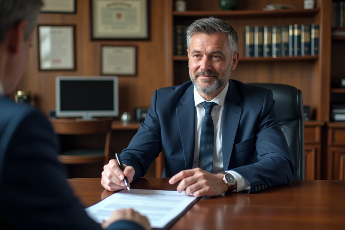 Conseiller financier en costume marine expliquant une clause bénéficiaire d'assurance vie à un client dans un bureau professionnel
