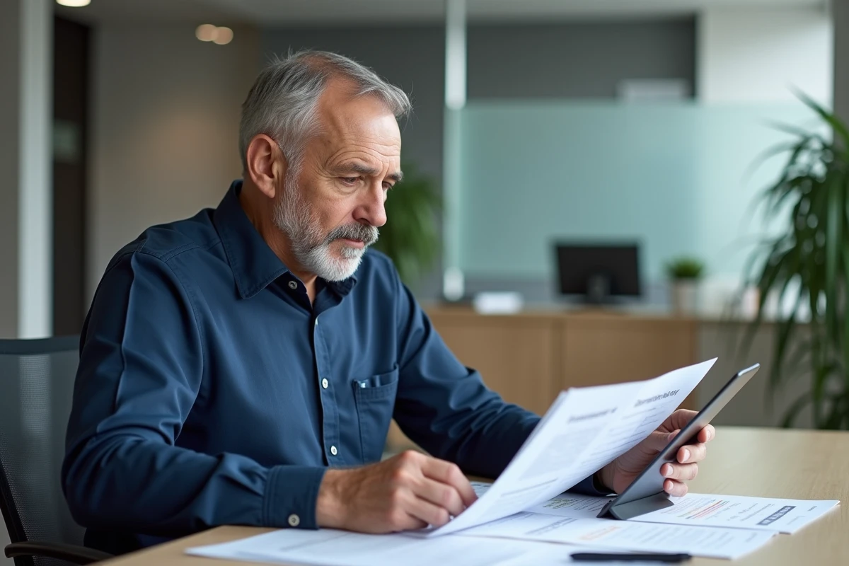 Conseiller en assurance santé examinant un contrat Victor dans un espace de travail professionnel moderne