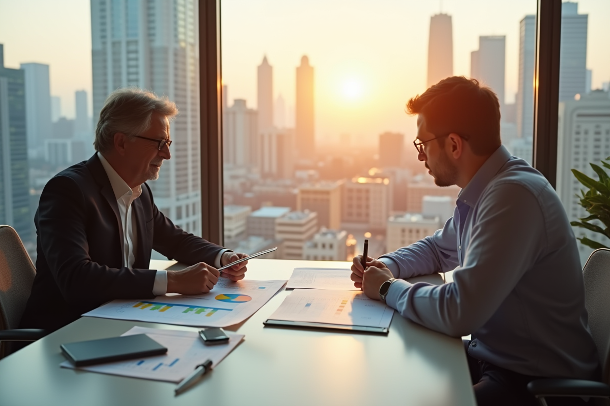 Conseiller financier et client analysant des graphiques d'investissement