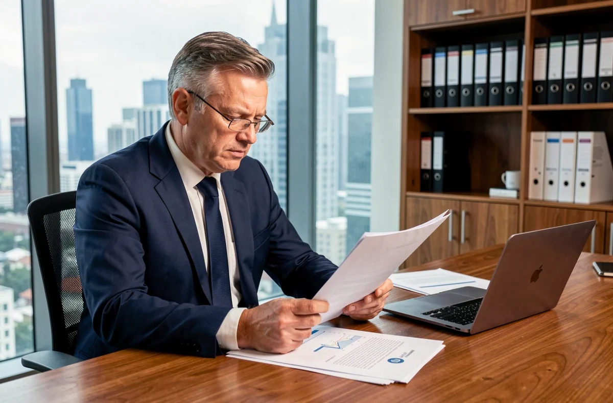 Conseiller financier analysant les documents de souscription d'une SCPI dans un bureau professionnel