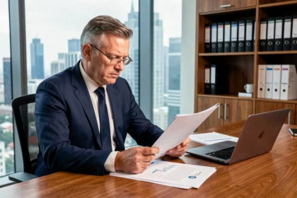 Conseiller financier analysant les documents de souscription d'une SCPI dans un bureau professionnel