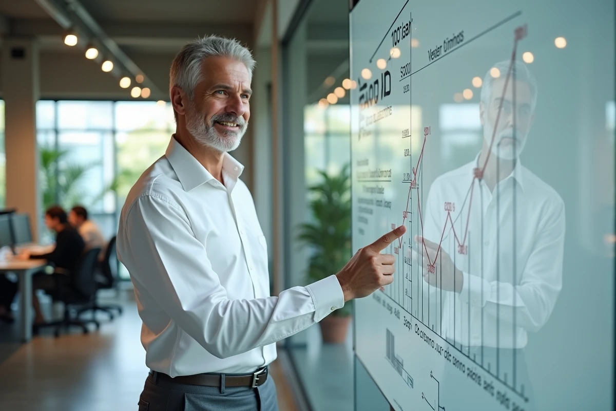 Conseiller financier présentant une projection d'épargne sur 10 ans avec des graphiques sur un tableau blanc