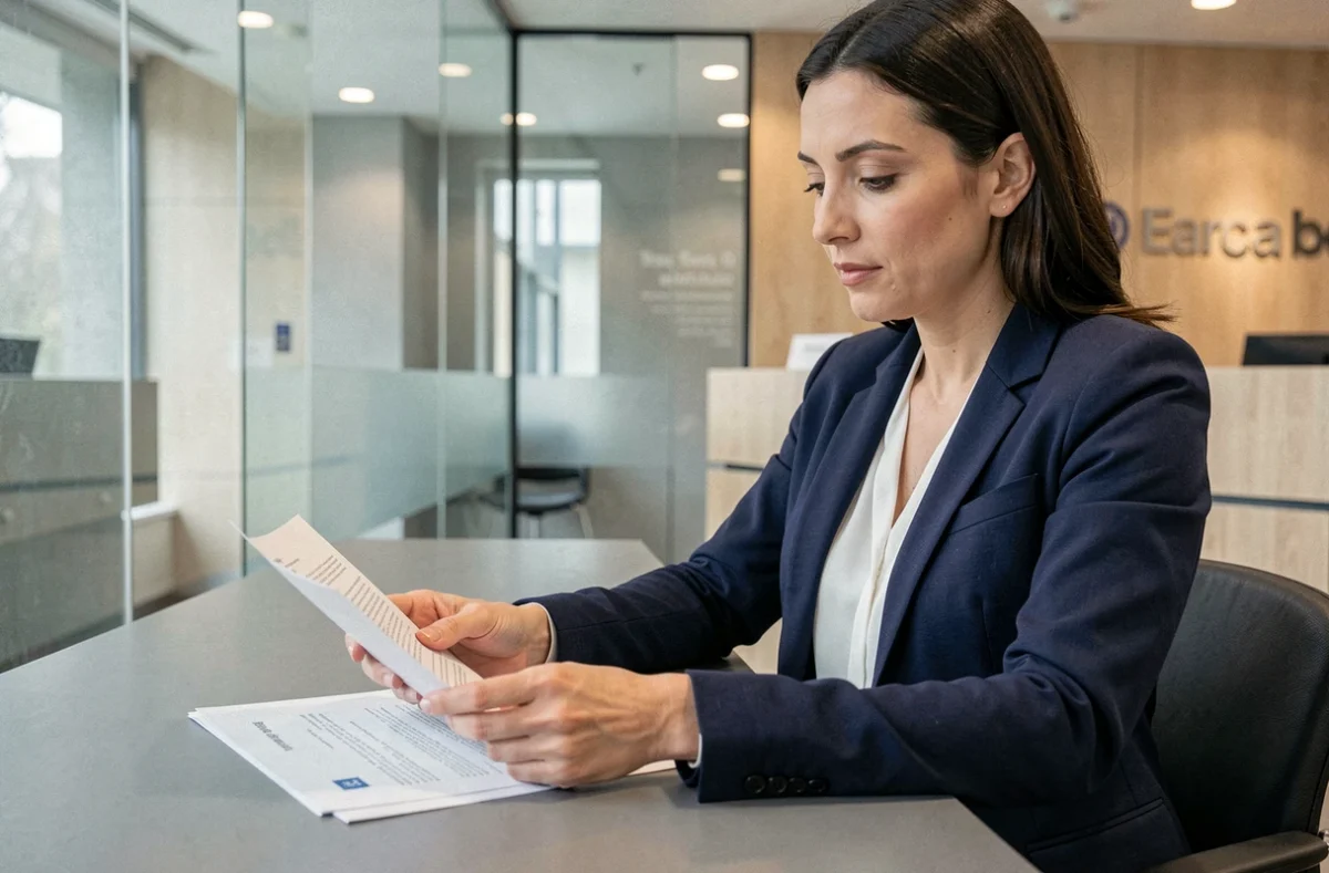 Conseillère bancaire Société Générale examinant les options de compte client dans une agence moderne