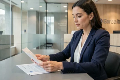 Conseillère bancaire Société Générale examinant les options de compte client dans une agence moderne