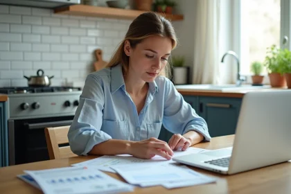 Femme consultant ses relevés de compte La Banque Postale sur ordinateur portable à la maison