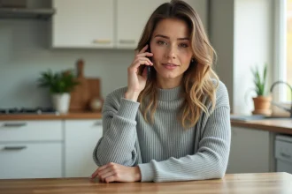 Femme contactant Cofidis gratuitement par téléphone depuis chez elle