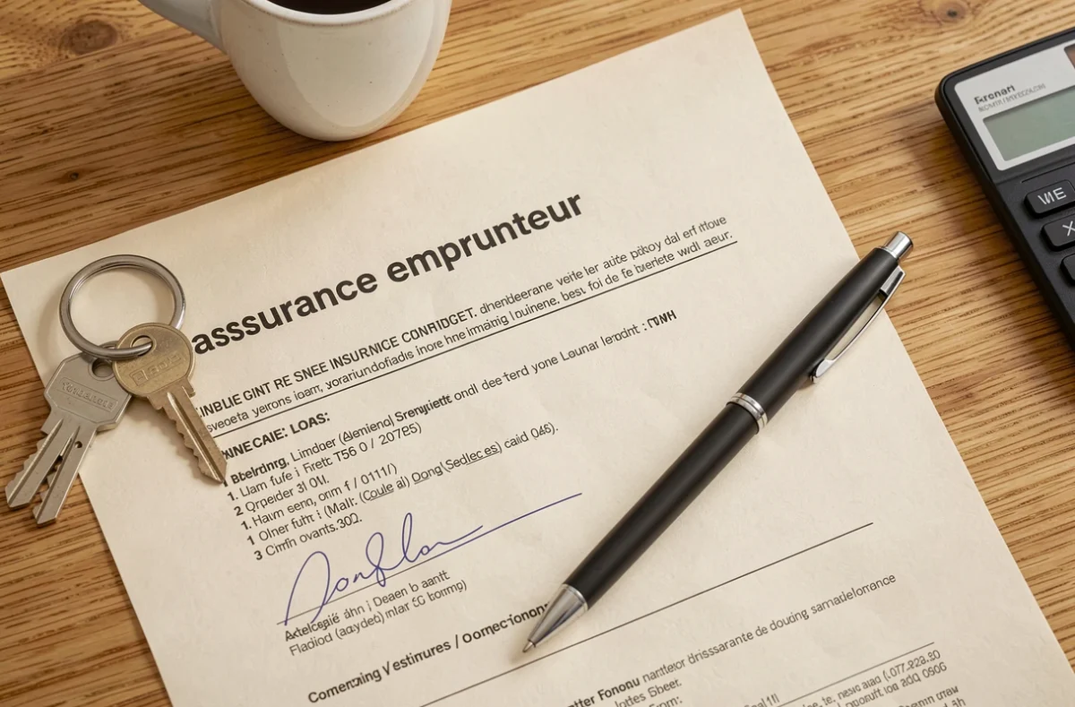 Contrat d'assurance emprunteur, clés de maison et stylo posés sur une table en chêne
