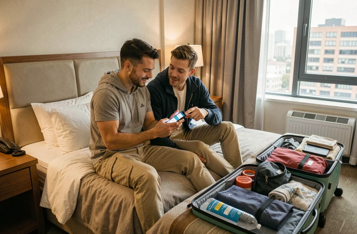Couple consultant leur application d'assurance voyage sur smartphone dans une chambre d'hôtel
