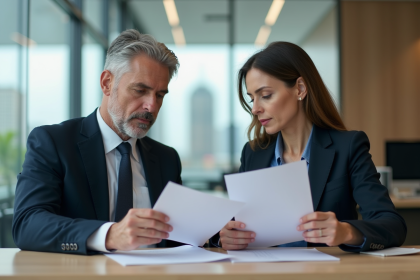 Couple d'adultes d'affaires dans une banque moderne