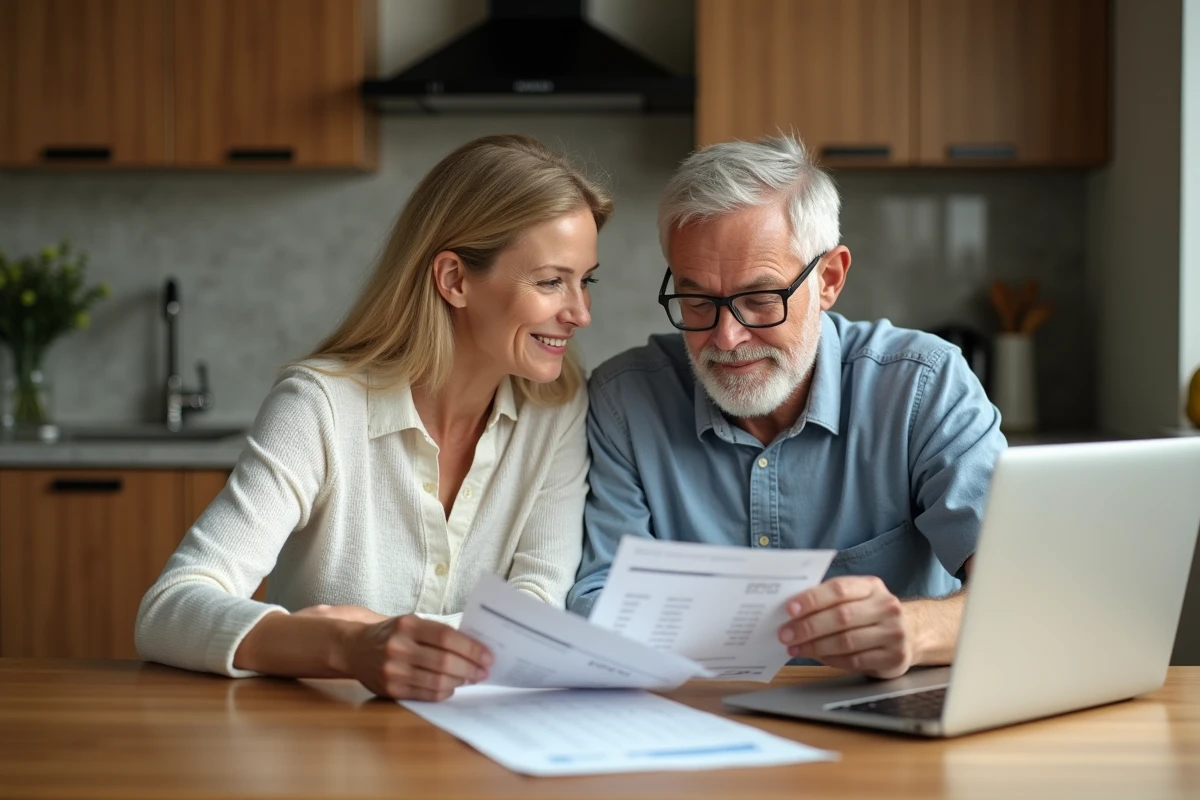 Couple analysant un chèque différé Cora et un ticket de caisse à la maison pour gérer leur budget courses