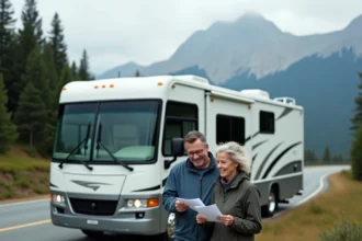 Couple devant un camping-car poids lourd garé en montagne consultant leur assurance