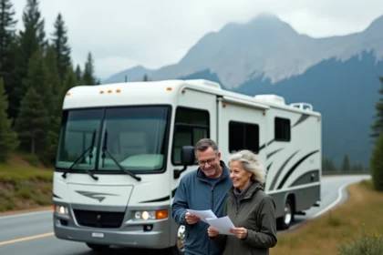 Couple devant un camping-car poids lourd garé en montagne consultant leur assurance