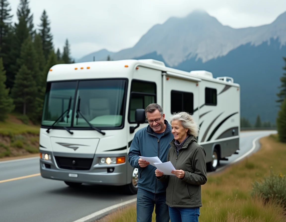 Couple devant un camping-car poids lourd garé en montagne consultant leur assurance