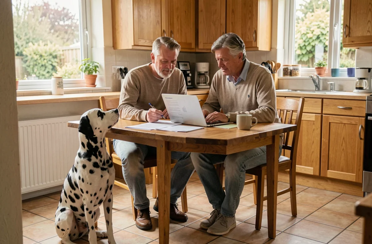 Couple comparant des offres d'assurance chien Dalma sur ordinateur portable avec leur dalmatien dans une cuisine familiale
