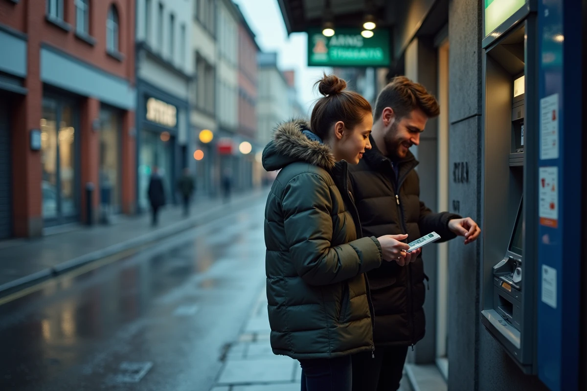 Couple utilisant un distributeur de billets en extérieur la nuit devant une banque fermée