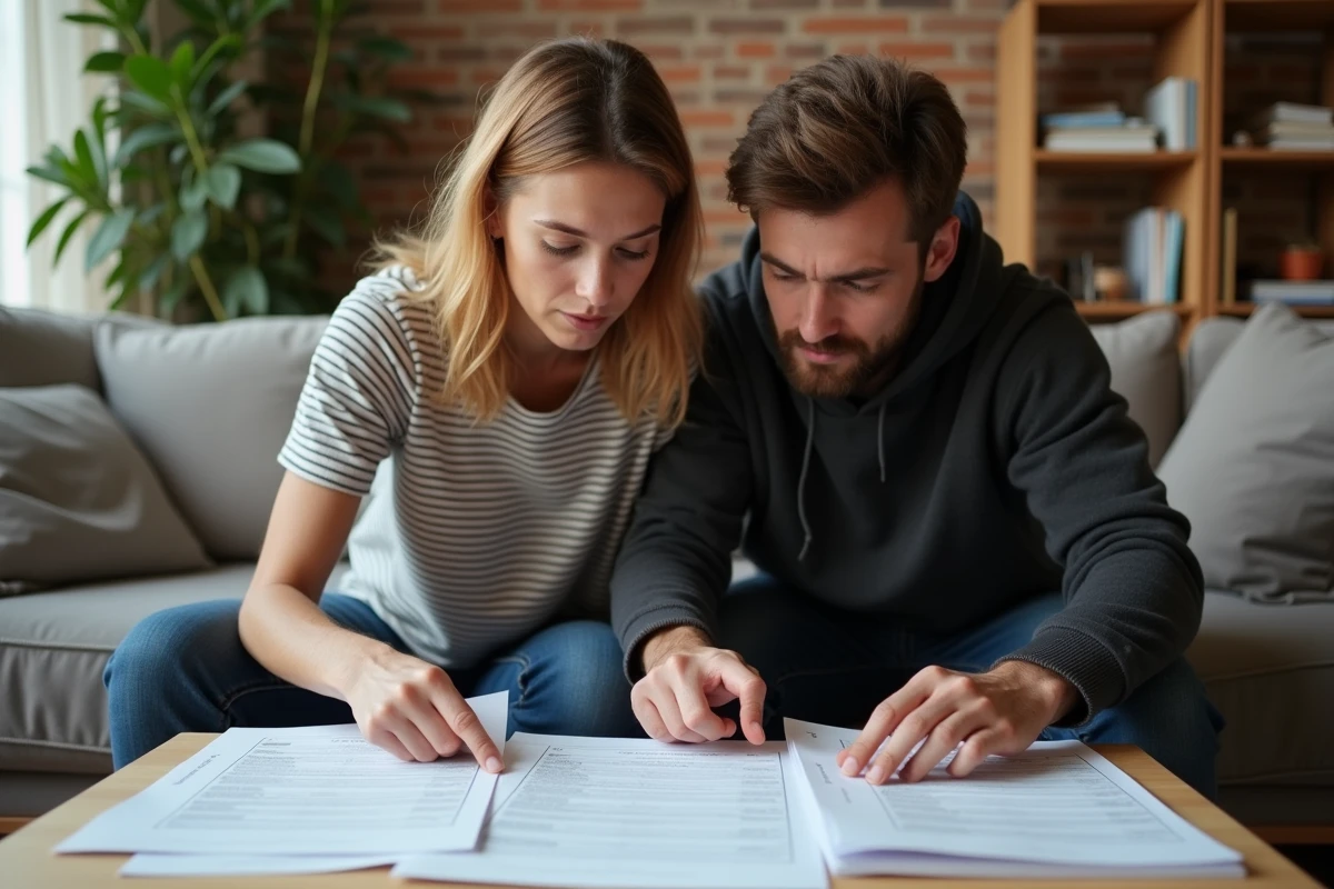 Jeune couple examinant ensemble les formulaires d'impôts 2042 étalés sur une table basse dans leur salon, l'air préoccupé