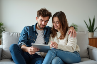 Jeune couple cherchant un appartement dans un salon