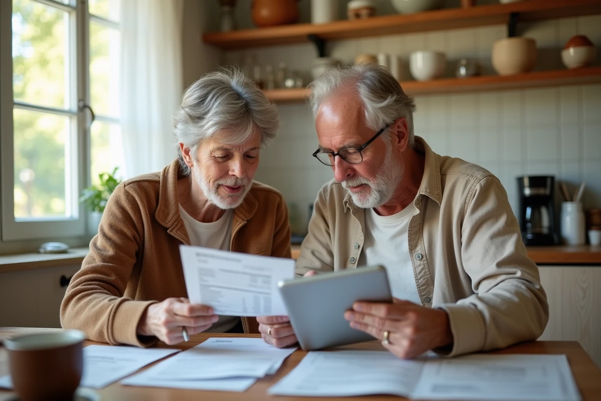 Couple d'adultes examinant des relevés bancaires et solutions financières sur tablette dans une cuisine familiale