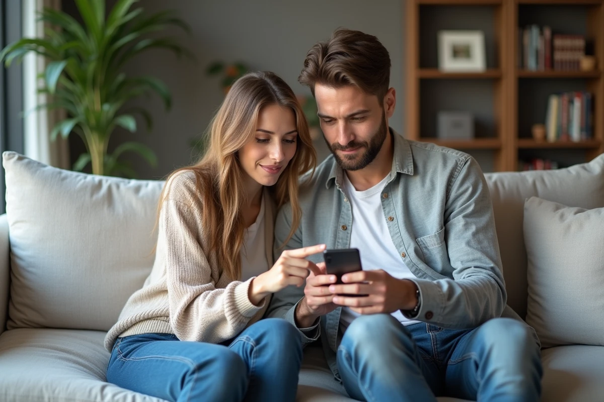 Couple consultant le suivi des remboursements santé Victor sur un smartphone dans leur salon
