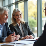 Couple senior discutant avec conseiller bancaire