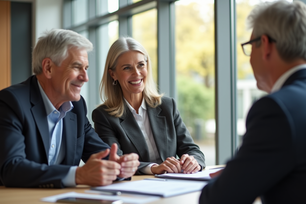 Couple senior discutant avec conseiller bancaire