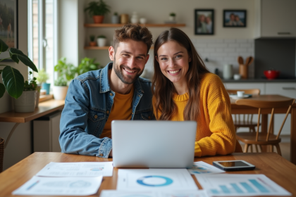 Couple souriant à une table avec documents financiers