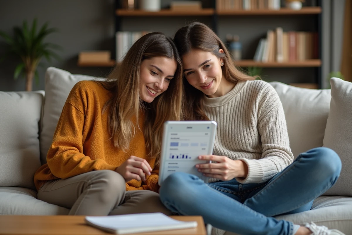 Couple consultant ensemble l'application de gestion budgétaire LCL Accès sur une tablette dans leur salon pour planifier leurs finances