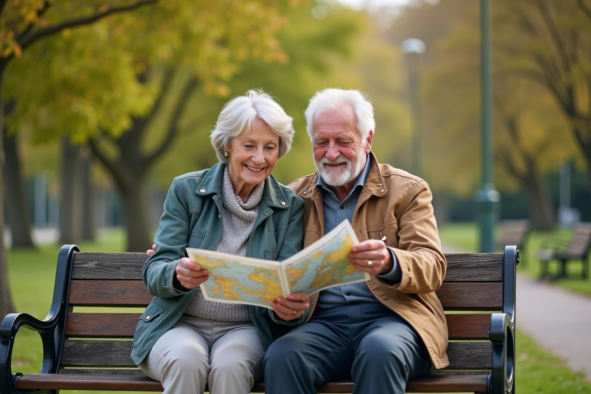 Couple senior discutant de voyage dans un parc