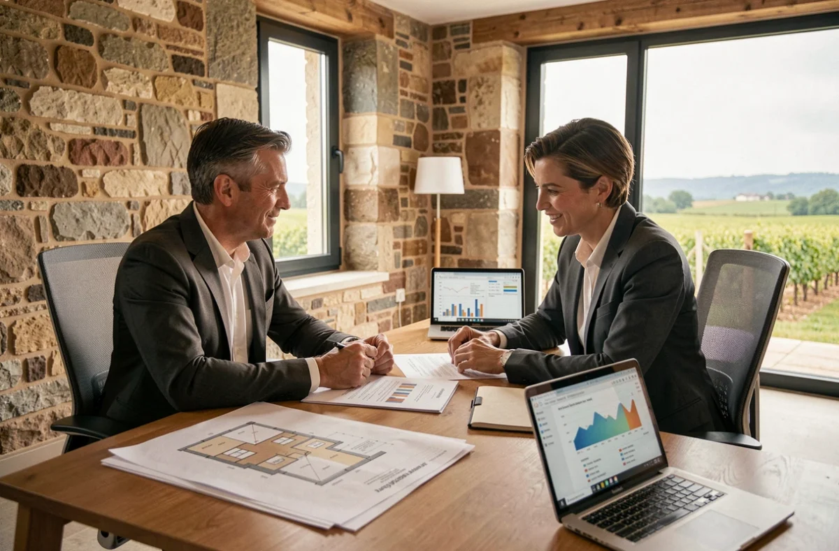 Consultation entre un courtier en crédit immobilier et des clients dans une agence moderne à Bordeaux, Gironde