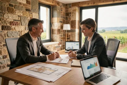 Consultation entre un courtier en crédit immobilier et des clients dans une agence moderne à Bordeaux, Gironde