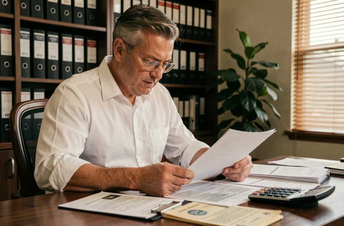 Homme d'affaires consultant des documents fiscaux liés à la taxe foncière d'une SCI familiale à son bureau
