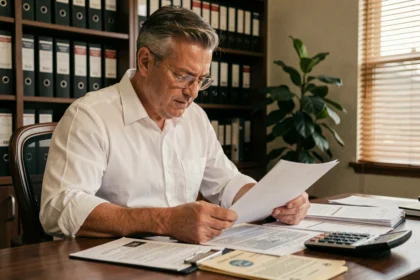 Homme d'affaires consultant des documents fiscaux liés à la taxe foncière d'une SCI familiale à son bureau