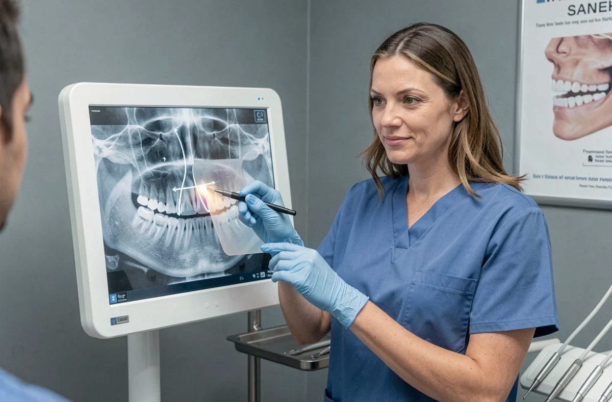 Dentiste expliquant un panoramique dentaire à un patient pour la pose d'implants dentaires remboursés par une mutuelle
