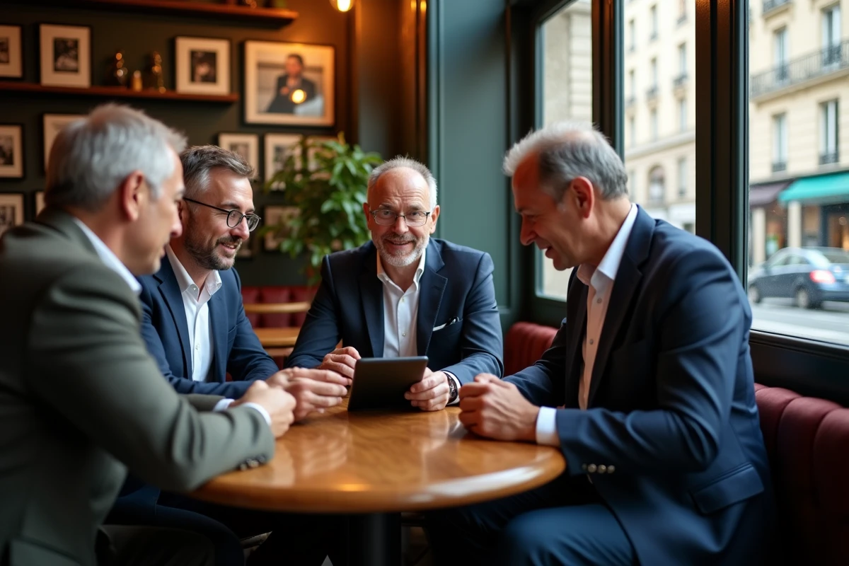 Groupe de professionnels discutant dans un café parisien