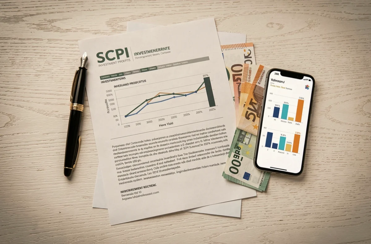 Documents de placement SCPI Activimmo avec prospectus, stylo et graphiques de rendement sur bureau en bois