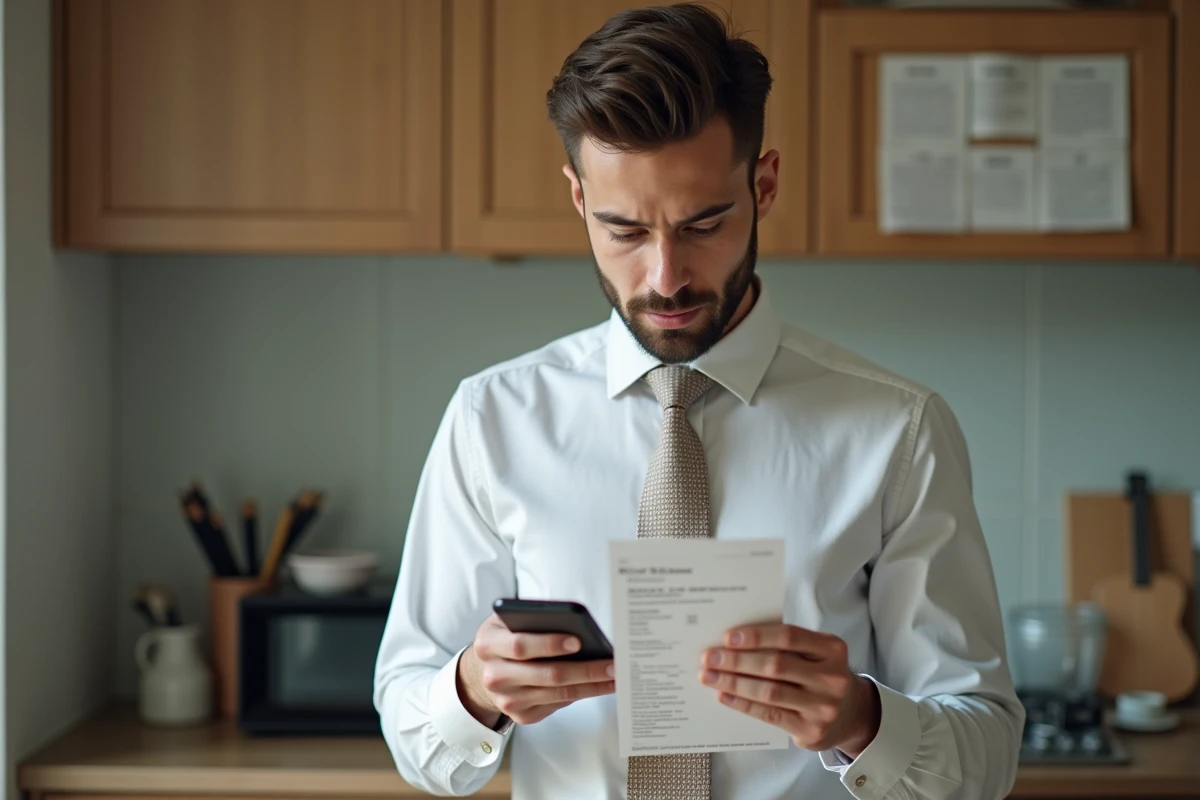 Jeune enseignant vérifiant sa fiche de paie à la maison