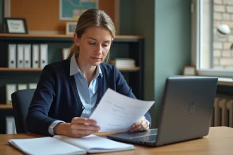 Professeure en bureau analysant une fiche de paie