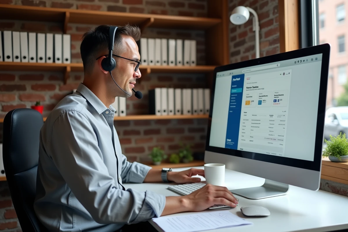 Entrepreneur masculin utilisant un casque téléphonique pour contacter l'assistance PayPal Pro dédiée aux comptes business depuis son bureau à domicile
