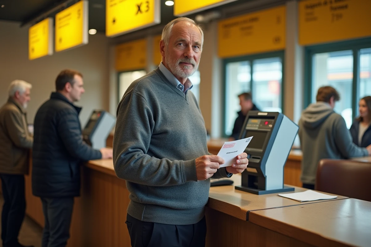 Homme déposant un courrier recommandé au guichet de La Poste pour une procédure de succession bancaire