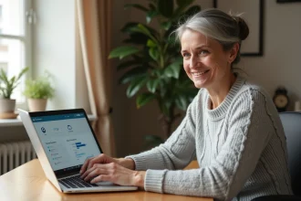 Femme consultant son espace client Victor santé sur un ordinateur portable depuis son bureau à domicile