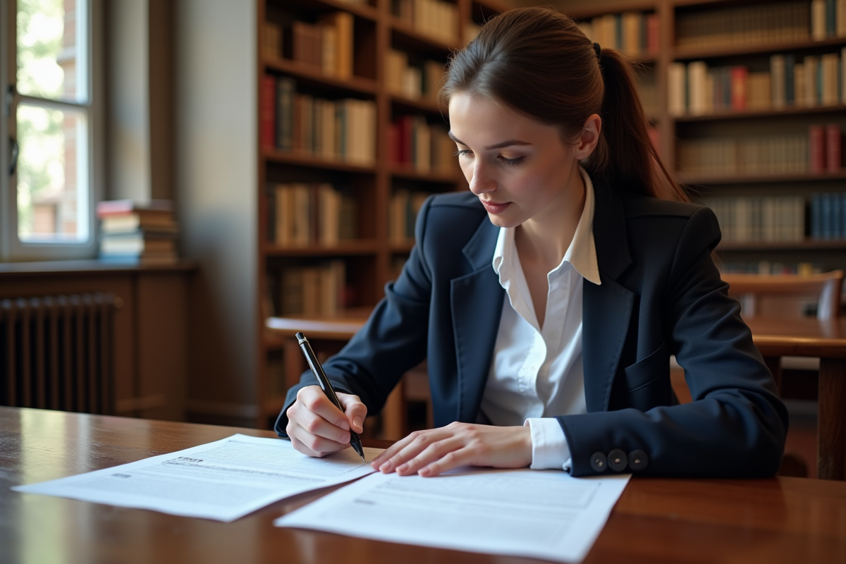 Jeune étudiante en droit à la bibliothèque universitaire