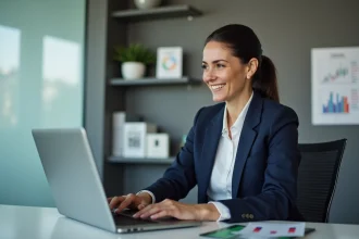 Femme d'affaires en costume dans un bureau moderne